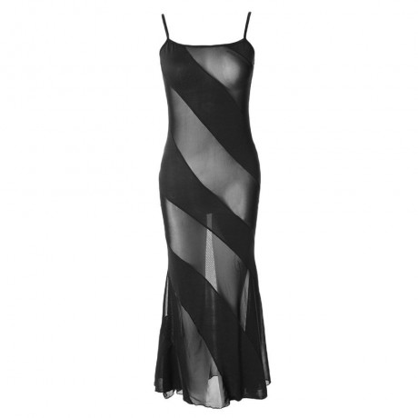 ALLURING SPAGHETTI STRAP SEE-THROUGH SPLICED SOLID COLOR WOMEN'S BABYDOLL (BLACK, ONE SIZE