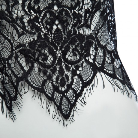 PLUNGING NECK SUSPENDER HOLLOW OUT LACE PATCHWORK TASSEL PERSPECTIVE BRA FOR WOMEN (BLACK,