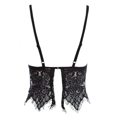 PLUNGING NECK SUSPENDER HOLLOW OUT LACE PATCHWORK TASSEL PERSPECTIVE BRA FOR WOMEN (BLACK,