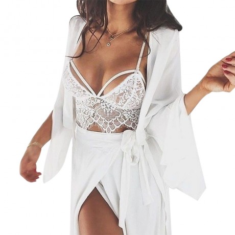 PLUNGING NECK SUSPENDER HOLLOW OUT LACE PATCHWORK TASSEL PERSPECTIVE BRA FOR WOMEN (WHITE,