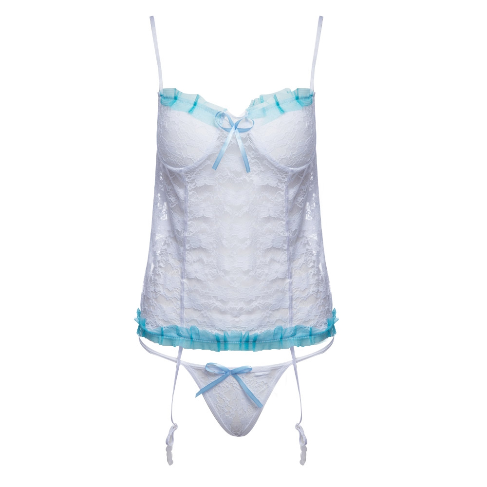 SUSPENDER PADDED LACE PATCHWORK BOWKNOT BACK SINGLE-BREASTED PERSPECTIVE BRA   ELASTIC LOW