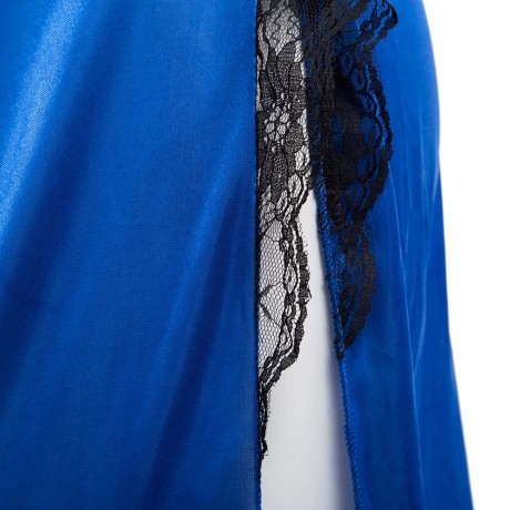 PLUNGING NECK SUSPENDER LACE PATCWORK HOLLOW OUT SIDE SLIT LACEWORK MID-CALF SLEEPWEAR LIN