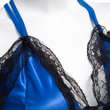 PLUNGING NECK SUSPENDER LACE PATCWORK HOLLOW OUT SIDE SLIT LACEWORK MID-CALF SLEEPWEAR LIN