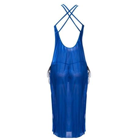 PLUNGING NECK SUSPENDER LACE PATCWORK HOLLOW OUT SIDE SLIT LACEWORK MID-CALF SLEEPWEAR LIN