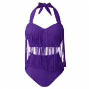 SOLID COLOR HIGH-WAISTED FRINGE DESIGN PLUS SIZE WOMEN'S BIKINI SET (PURPLE, SIZE L/XL)