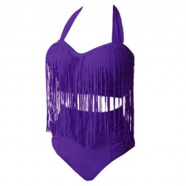 SOLID COLOR HIGH-WAISTED FRINGE DESIGN PLUS SIZE WOMEN'S BIKINI SET (PURPLE, SIZE L/XL)