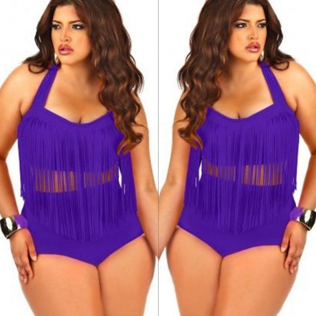 SOLID COLOR HIGH-WAISTED FRINGE DESIGN PLUS SIZE WOMEN'S BIKINI SET (PURPLE, SIZE L/XL)