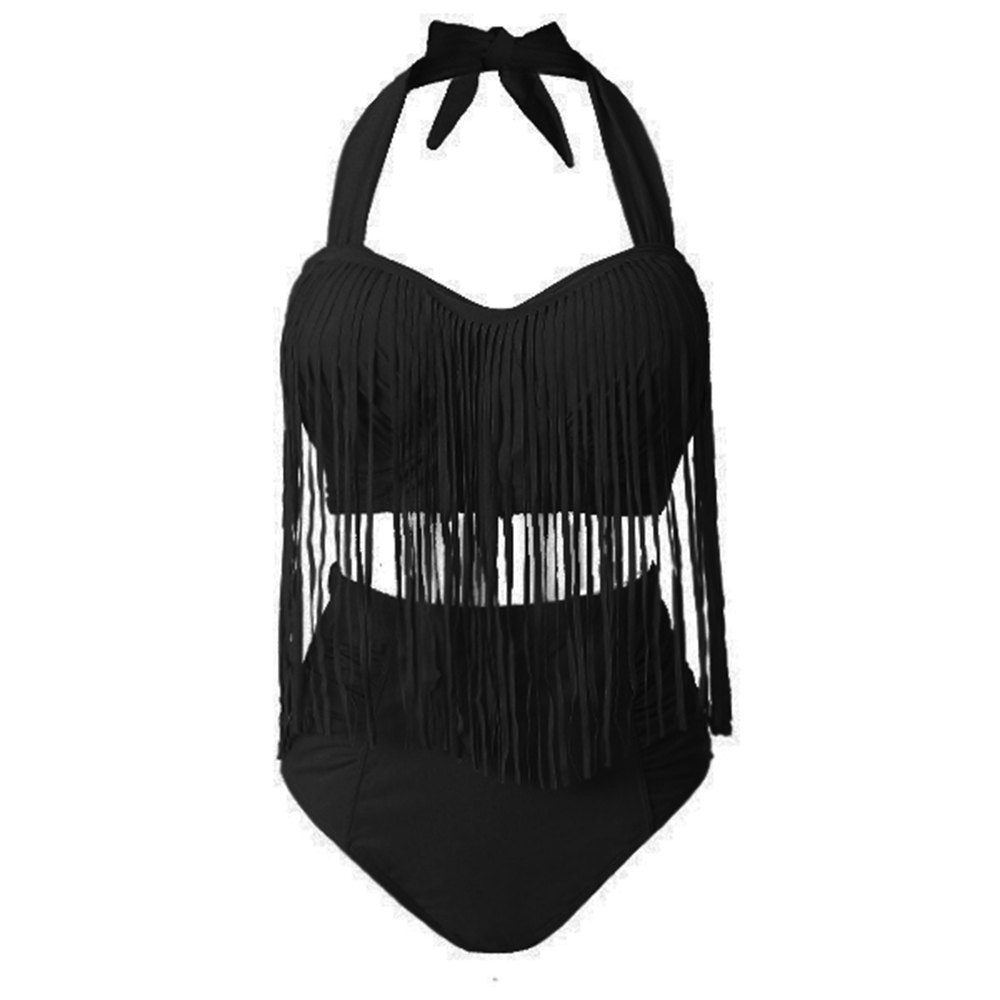 SOLID COLOR HIGH-WAISTED FRINGE DESIGN PLUS SIZE WOMEN'S BIKINI SET (BLACK, SIZE L/XL/2XL/ SOLID COLOR HIGH-WAISTED FRINGE DESIGN PLUS SIZE WOMEN'S BIKINI SET (BLACK, SIZE L/XL/2XL/