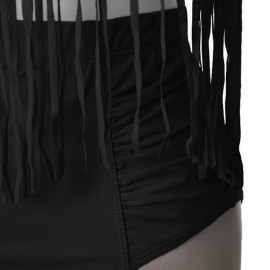 SOLID COLOR HIGH-WAISTED FRINGE DESIGN PLUS SIZE WOMEN'S BIKINI SET (BLACK, SIZE L/XL/2XL/