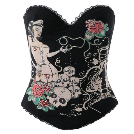 STRAPLESS FLORAL AND SKULL PRINT FIGURE PATTERN WOMEN'S CORSETS (BLACK, SIZE S)
