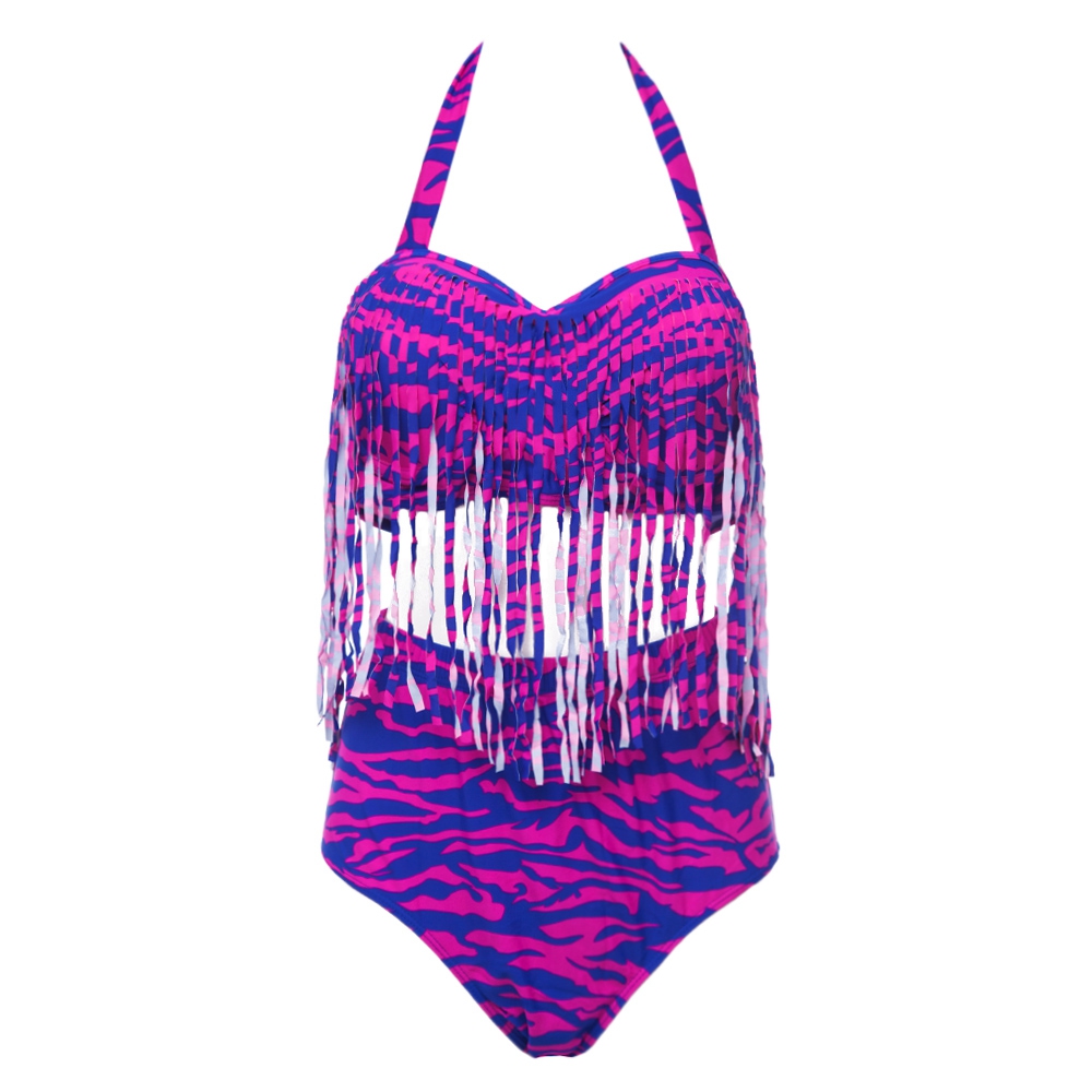 HALTER PLUS SIZE FRINGE DESIGN PRINTED HIGH-WAISTED WOMEN'S BIKINI SET (PURPLE, SIZE L/XL/ HALTER PLUS SIZE FRINGE DESIGN PRINTED HIGH-WAISTED WOMEN'S BIKINI SET (PURPLE, SIZE L/XL/