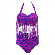 HALTER PLUS SIZE FRINGE DESIGN PRINTED HIGH-WAISTED WOMEN'S BIKINI SET (PURPLE, SIZE L/XL/