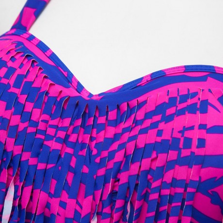 HALTER PLUS SIZE FRINGE DESIGN PRINTED HIGH-WAISTED WOMEN'S BIKINI SET (PURPLE, SIZE L/XL/