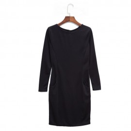 ELEGANT CASUAL ROUND COLLAR LONG SLEEVE SOLID PLUS SIZE WOMEN DRESS (BLACK, SIZE S/M/L/XL)