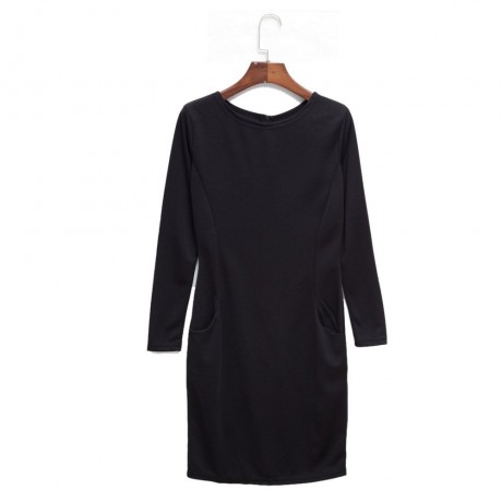 ELEGANT CASUAL ROUND COLLAR LONG SLEEVE SOLID PLUS SIZE WOMEN DRESS (BLACK, SIZE S/M/L/XL)