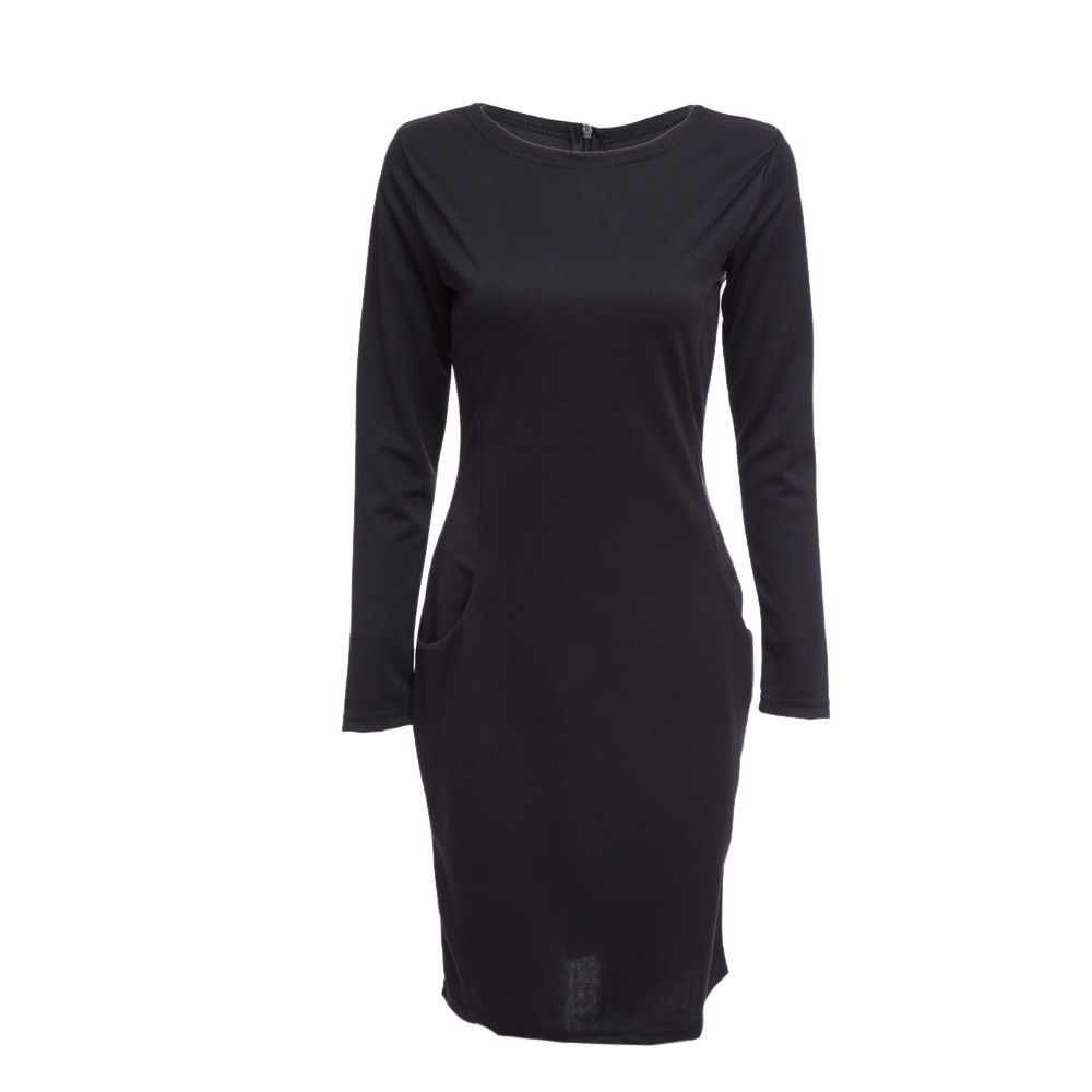 ELEGANT CASUAL ROUND COLLAR LONG SLEEVE SOLID PLUS SIZE WOMEN DRESS (BLACK, SIZE S/M/L/XL) ELEGANT CASUAL ROUND COLLAR LONG SLEEVE SOLID PLUS SIZE WOMEN DRESS (BLACK, SIZE S/M/L/XL)