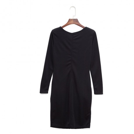 ELEGANT CASUAL ROUND COLLAR LONG SLEEVE SOLID PLUS SIZE WOMEN DRESS (BLACK, SIZE S/M/L/XL)