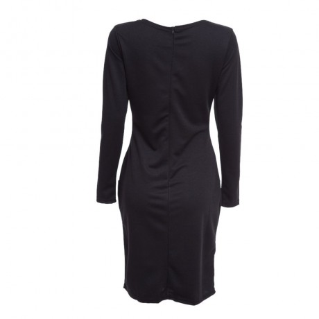ELEGANT CASUAL ROUND COLLAR LONG SLEEVE SOLID PLUS SIZE WOMEN DRESS (BLACK, SIZE S/M/L/XL)