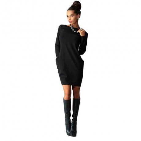 ELEGANT CASUAL ROUND COLLAR LONG SLEEVE SOLID PLUS SIZE WOMEN DRESS (BLACK, SIZE S/M/L/XL)
