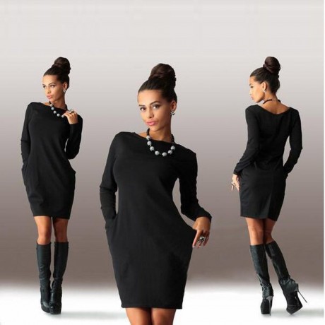 ELEGANT CASUAL ROUND COLLAR LONG SLEEVE SOLID PLUS SIZE WOMEN DRESS (BLACK, SIZE S/M/L/XL)