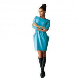 ELEGANT CASUAL ROUND COLLAR LONG SLEEVE SOLID PLUS SIZE WOMEN DRESS (LIGHT BLUE, SIZE S/M/