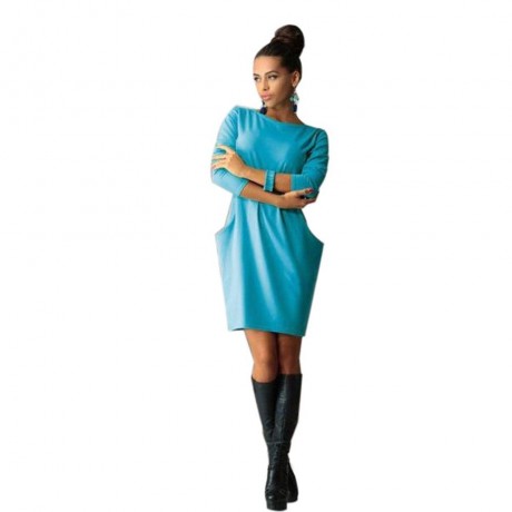 ELEGANT CASUAL ROUND COLLAR LONG SLEEVE SOLID PLUS SIZE WOMEN DRESS (LIGHT BLUE, SIZE S/M/