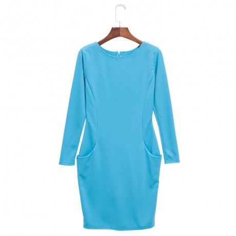 ELEGANT CASUAL ROUND COLLAR LONG SLEEVE SOLID PLUS SIZE WOMEN DRESS (LIGHT BLUE, SIZE S/M/