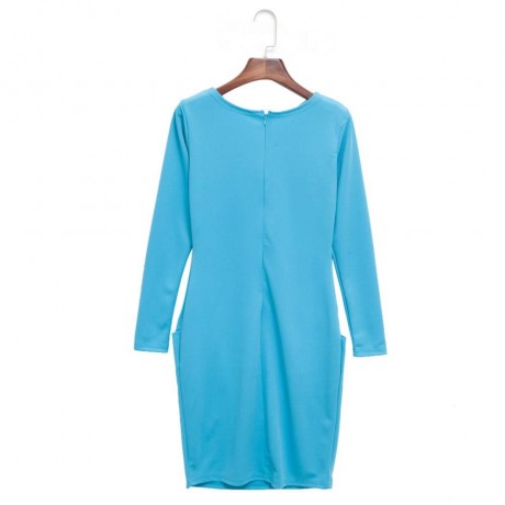 ELEGANT CASUAL ROUND COLLAR LONG SLEEVE SOLID PLUS SIZE WOMEN DRESS (LIGHT BLUE, SIZE S/M/