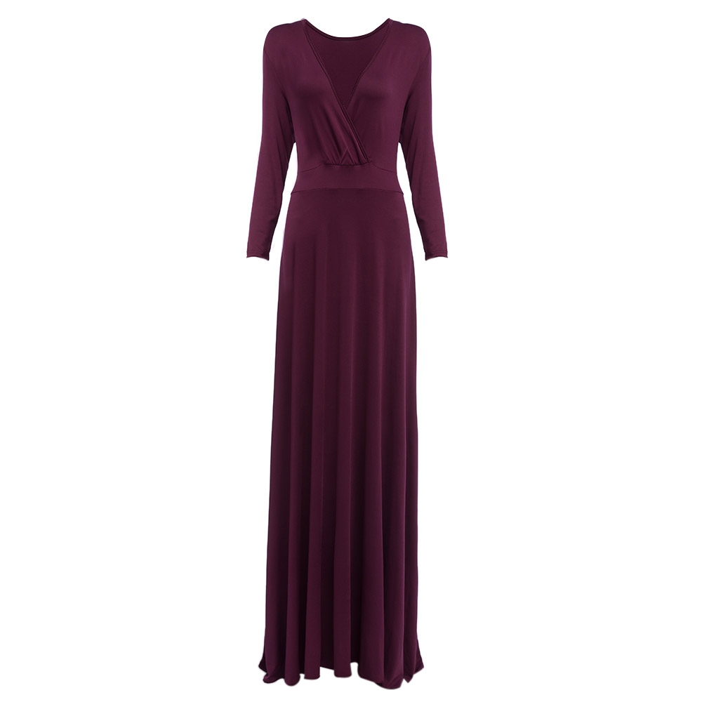 STYLISH PLUNGING NECKLINE 3/4 SLEEVE SOLID COLOR PLUS SIZE DRESS FOR WOMEN (PURPLE, SIZE L STYLISH PLUNGING NECKLINE 3/4 SLEEVE SOLID COLOR PLUS SIZE DRESS FOR WOMEN (PURPLE, SIZE L