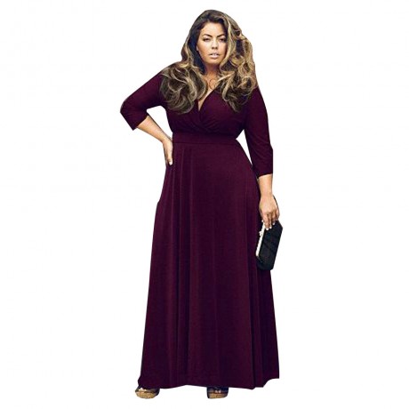 STYLISH PLUNGING NECKLINE 3/4 SLEEVE SOLID COLOR PLUS SIZE DRESS FOR WOMEN (PURPLE, SIZE L