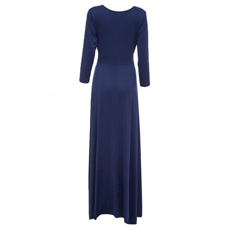 STYLISH PLUNGING NECKLINE 3/4 SLEEVE SOLID COLOR PLUS SIZE DRESS FOR WOMEN (PURPLISH BLUE,