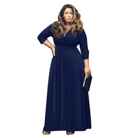 STYLISH PLUNGING NECKLINE 3/4 SLEEVE SOLID COLOR PLUS SIZE DRESS FOR WOMEN (PURPLISH BLUE,