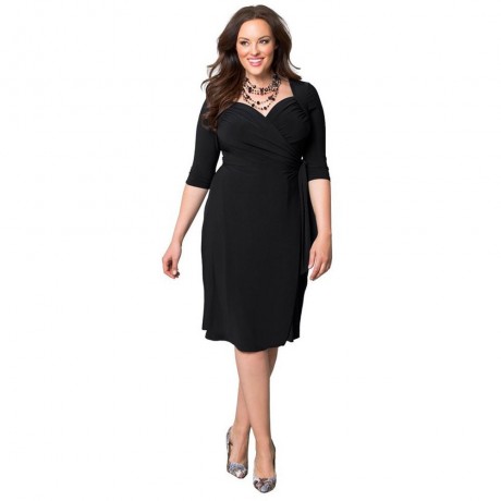 CASUAL V NECK SOLID COLOR 3/4 SLEEVE PLUS SIZE DRESS FOR WOMEN (BLACK, SIZE L/XL/2XL/3XL)