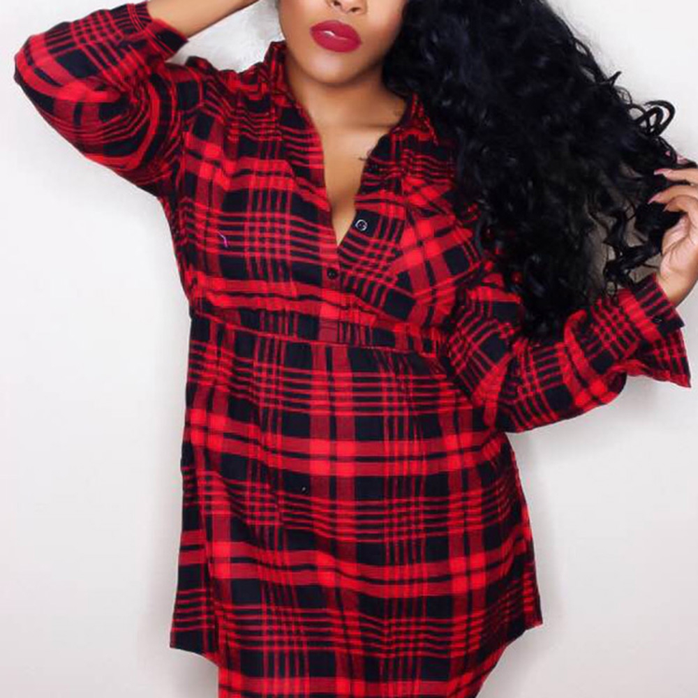 CASUAL STYLE PLUNGING NECK LONG SLEEVE GINGHAM PLUS SIZE WOMEN'S DRESS (RED, SIZE XL/2XL/3 CASUAL STYLE PLUNGING NECK LONG SLEEVE GINGHAM PLUS SIZE WOMEN'S DRESS (RED, SIZE XL/2XL/3