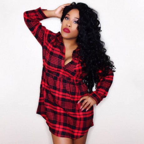 CASUAL STYLE PLUNGING NECK LONG SLEEVE GINGHAM PLUS SIZE WOMEN'S DRESS (RED, SIZE XL/2XL/3