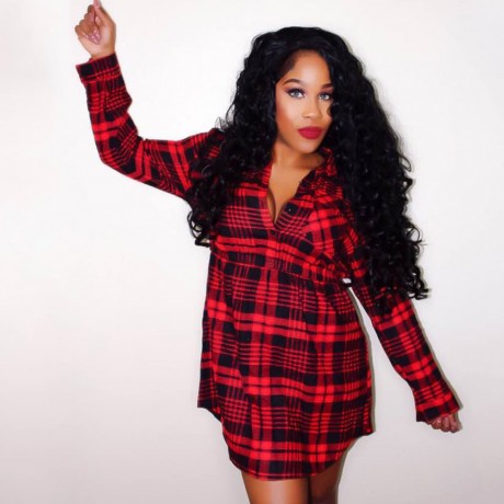 CASUAL STYLE PLUNGING NECK LONG SLEEVE GINGHAM PLUS SIZE WOMEN'S DRESS (RED, SIZE XL/2XL/3