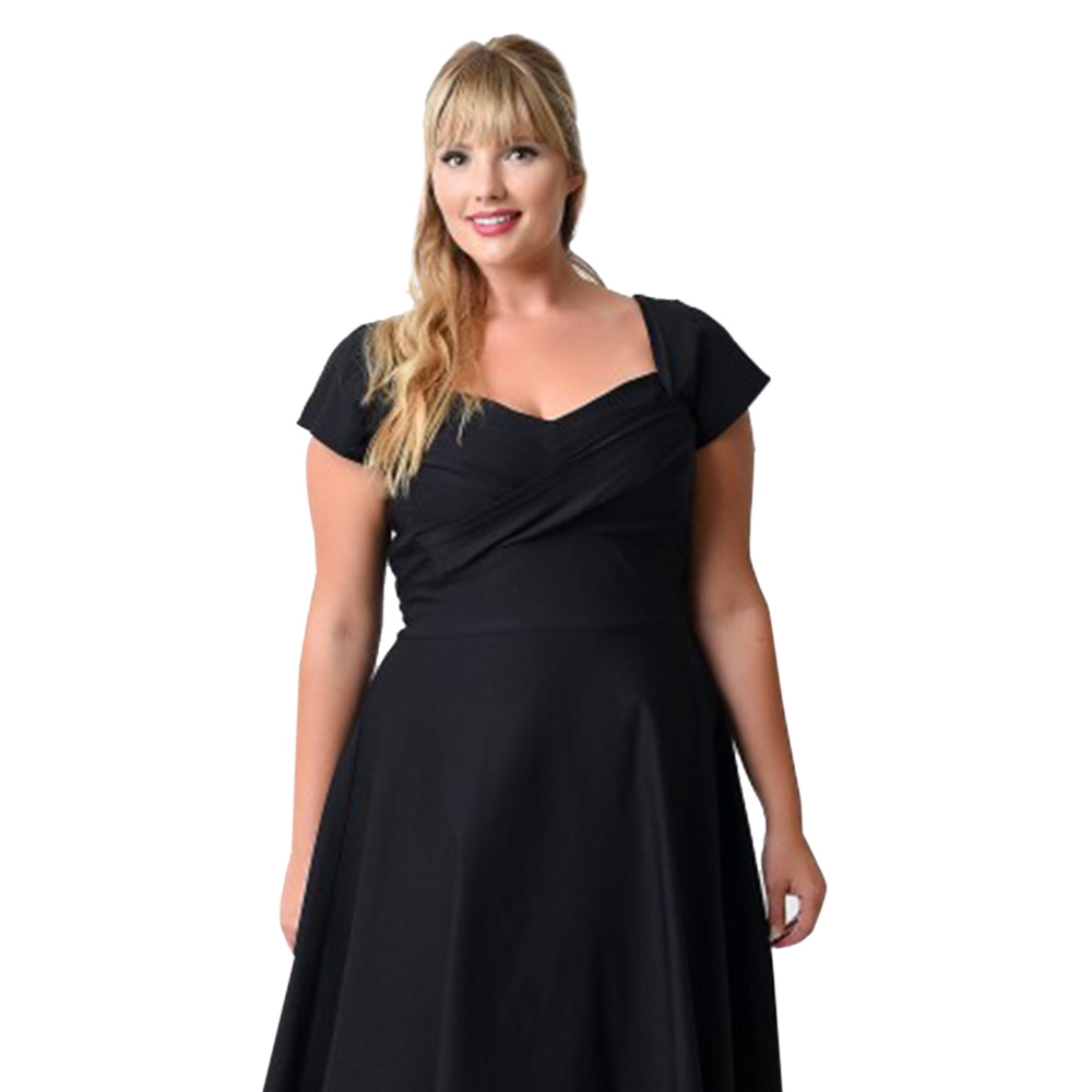 VINTAGE SWEETHEART NECK SHORT SLEEVE PURE COLOR PLUS SIZE MIDI DRESS FOR WOMEN (BLACK, SIZ VINTAGE SWEETHEART NECK SHORT SLEEVE PURE COLOR PLUS SIZE MIDI DRESS FOR WOMEN (BLACK, SIZ