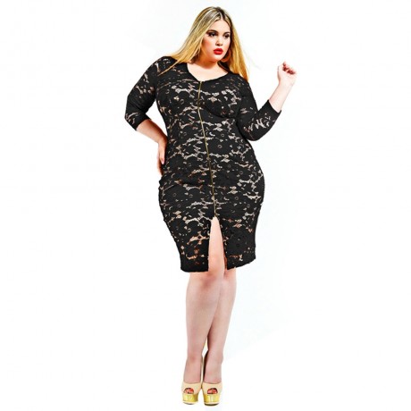 SIMPLE SCOOP NECK NINE-MINUTE SLEEVE ZIPPER DESIGN PLUS SIZE DRESS FOR WOMEN (BLACK, SIZE 