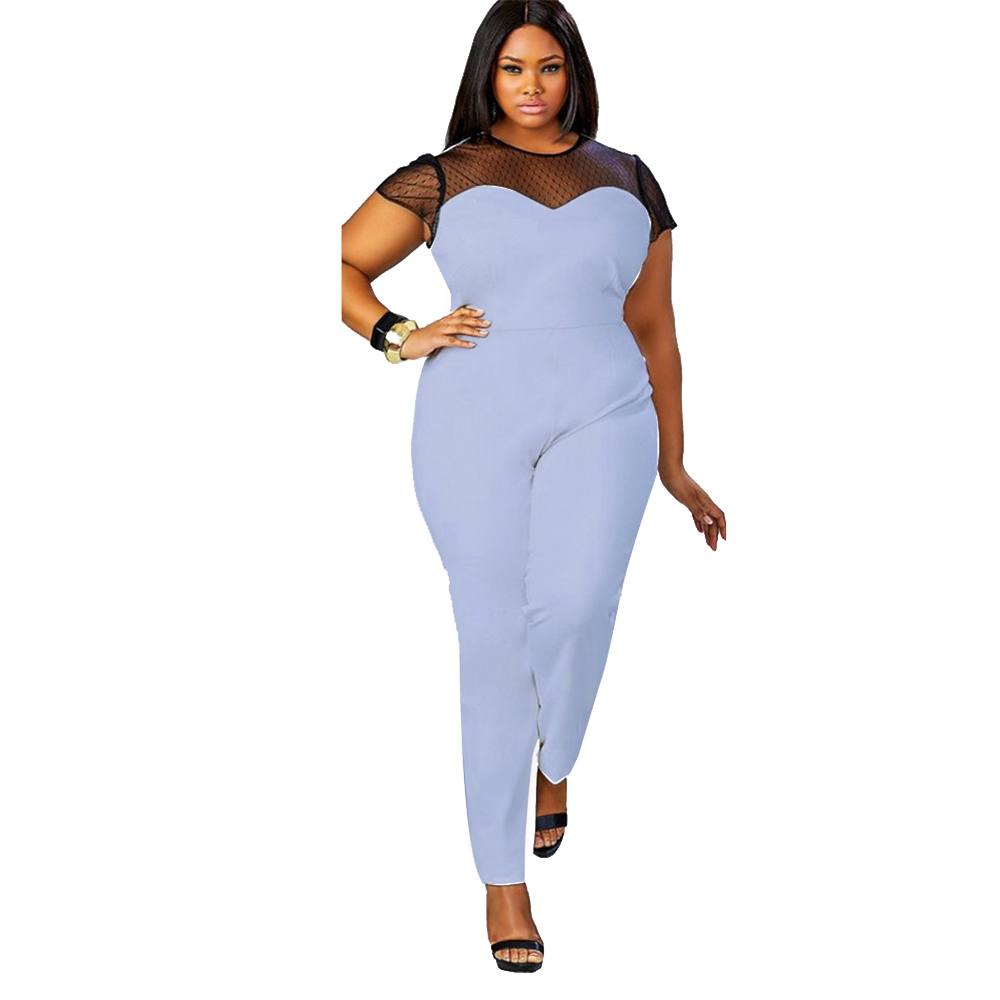 ROUND COLLAR CAP SLEEVE LACE SPLICED PLUS SIZE OVERALLS FOR WOMEN (WHITE, SIZE L/XL/2XL/3X ROUND COLLAR CAP SLEEVE LACE SPLICED PLUS SIZE OVERALLS FOR WOMEN (WHITE, SIZE L/XL/2XL/3X