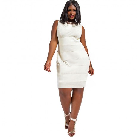 ATTRACTIVE JEWEL COLLAR SLEEVELESS PU LEATHER SPLICING PLUS SIZE MIDI DRESS FOR WOMEN (WHI