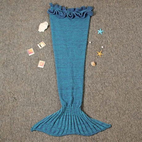 CHARMING GIRL CHILD MERMAID KNITTING AIR CONDITIONING SOFA SLEEPING BLANKET (LAKE BLUE)