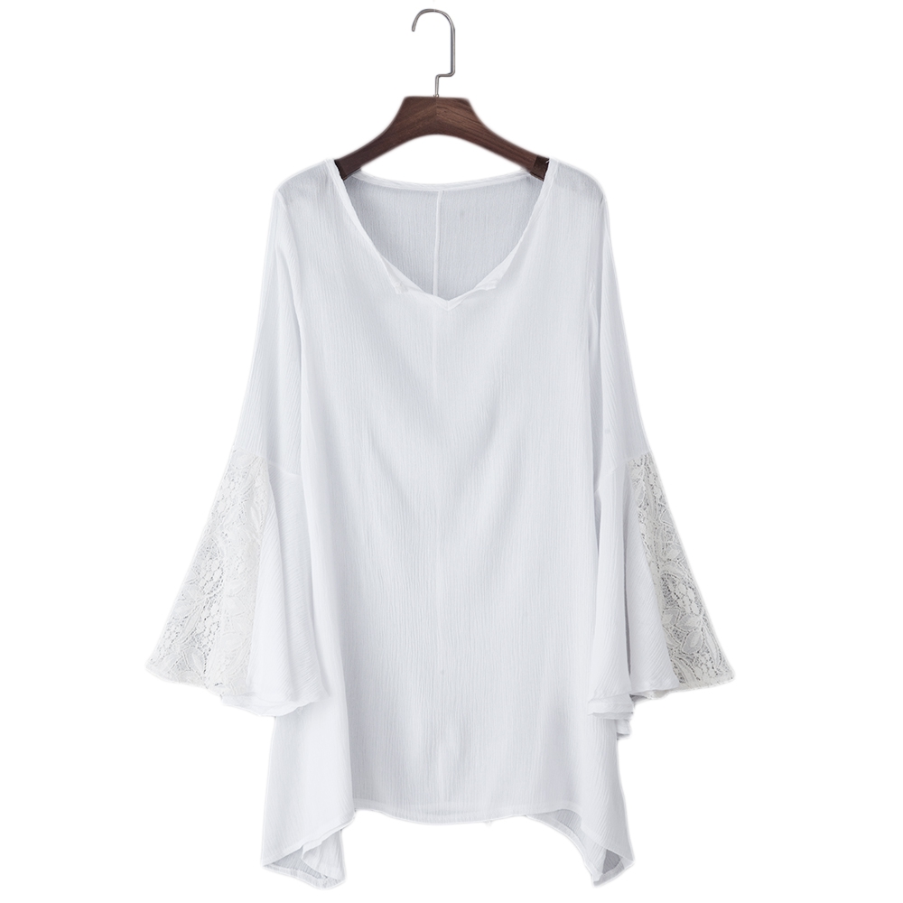 SWEET ROUND COLLAR LONG BELL SLEEVE LACE PATCHWORK DESIGN PLUS SIZE DRESS FOR WOMEN (WHITE SWEET ROUND COLLAR LONG BELL SLEEVE LACE PATCHWORK DESIGN PLUS SIZE DRESS FOR WOMEN (WHITE