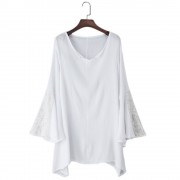 SWEET ROUND COLLAR LONG BELL SLEEVE LACE PATCHWORK DESIGN PLUS SIZE DRESS FOR WOMEN (WHITE