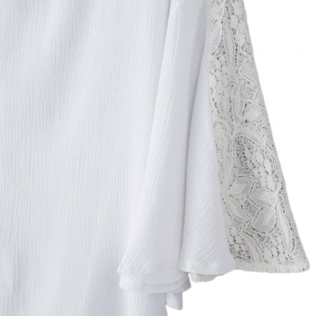 SWEET ROUND COLLAR LONG BELL SLEEVE LACE PATCHWORK DESIGN PLUS SIZE DRESS FOR WOMEN (WHITE