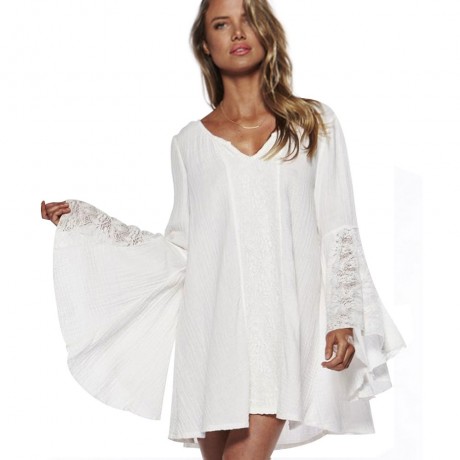 SWEET ROUND COLLAR LONG BELL SLEEVE LACE PATCHWORK DESIGN PLUS SIZE DRESS FOR WOMEN (WHITE