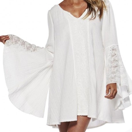 SWEET ROUND COLLAR LONG BELL SLEEVE LACE PATCHWORK DESIGN PLUS SIZE DRESS FOR WOMEN (WHITE
