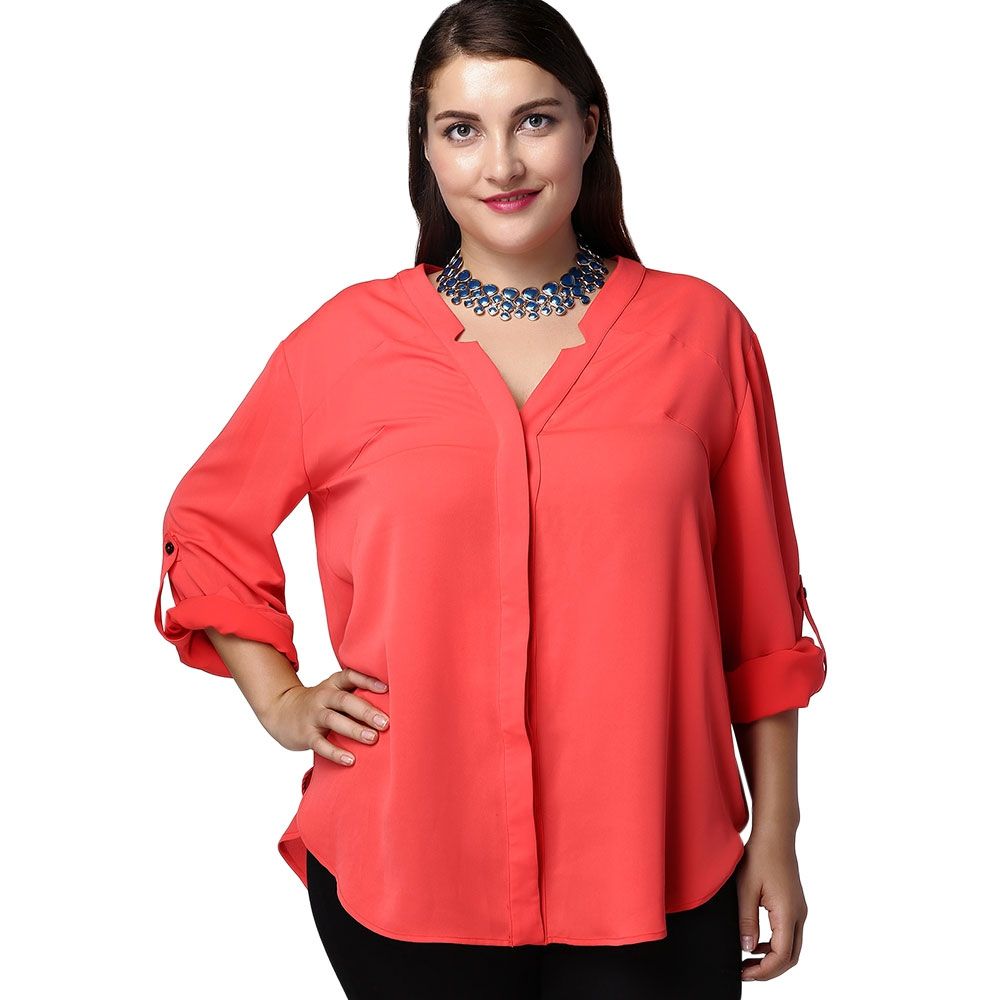 ELEGANT V-NECK SOLID COLOR 3/4 SLEEVE PLUS SIZE BLOUSE FOR WOMEN (JACINTH, SIZE XL/2XL/3XL ELEGANT V-NECK SOLID COLOR 3/4 SLEEVE PLUS SIZE BLOUSE FOR WOMEN (JACINTH, SIZE XL/2XL/3XL