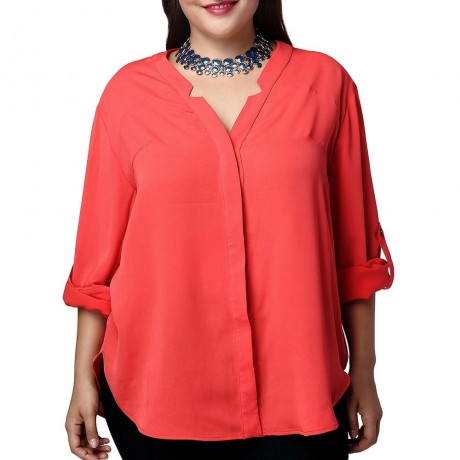 ELEGANT V-NECK SOLID COLOR 3/4 SLEEVE PLUS SIZE BLOUSE FOR WOMEN (JACINTH, SIZE XL/2XL/3XL