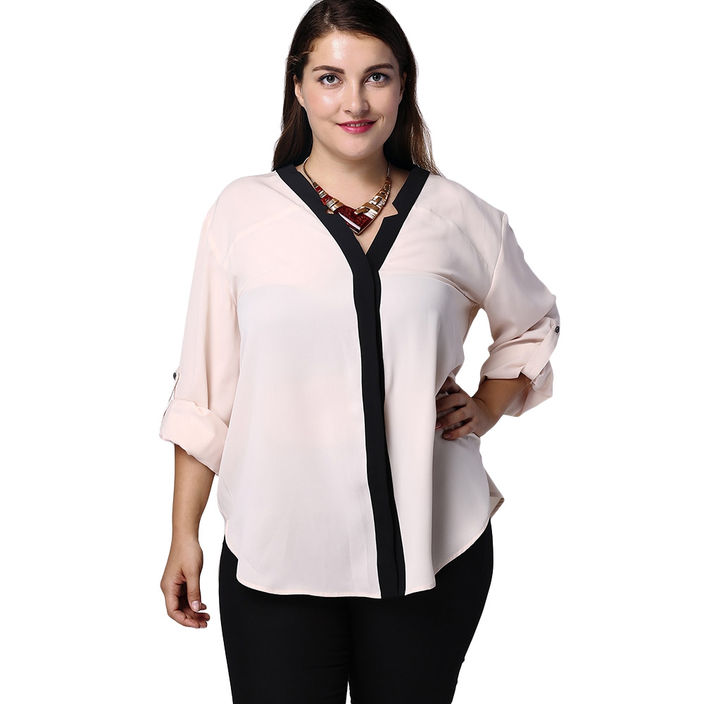 ELEGANT V-NECK HIT COLOR 3/4 SLEEVE PLUS SIZE BLOUSE FOR WOMEN (WHITE, XL/2XL/3XL/4XL/5XL) ELEGANT V-NECK HIT COLOR 3/4 SLEEVE PLUS SIZE BLOUSE FOR WOMEN (WHITE, XL/2XL/3XL/4XL/5XL)
