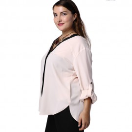 ELEGANT V-NECK HIT COLOR 3/4 SLEEVE PLUS SIZE BLOUSE FOR WOMEN (WHITE, XL/2XL/3XL/4XL/5XL)